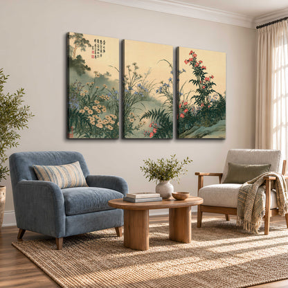 Delicate wildflowers and ferns arranged on a warm neutral ground with decorative script 3 piece canvas wall art styled in an interior