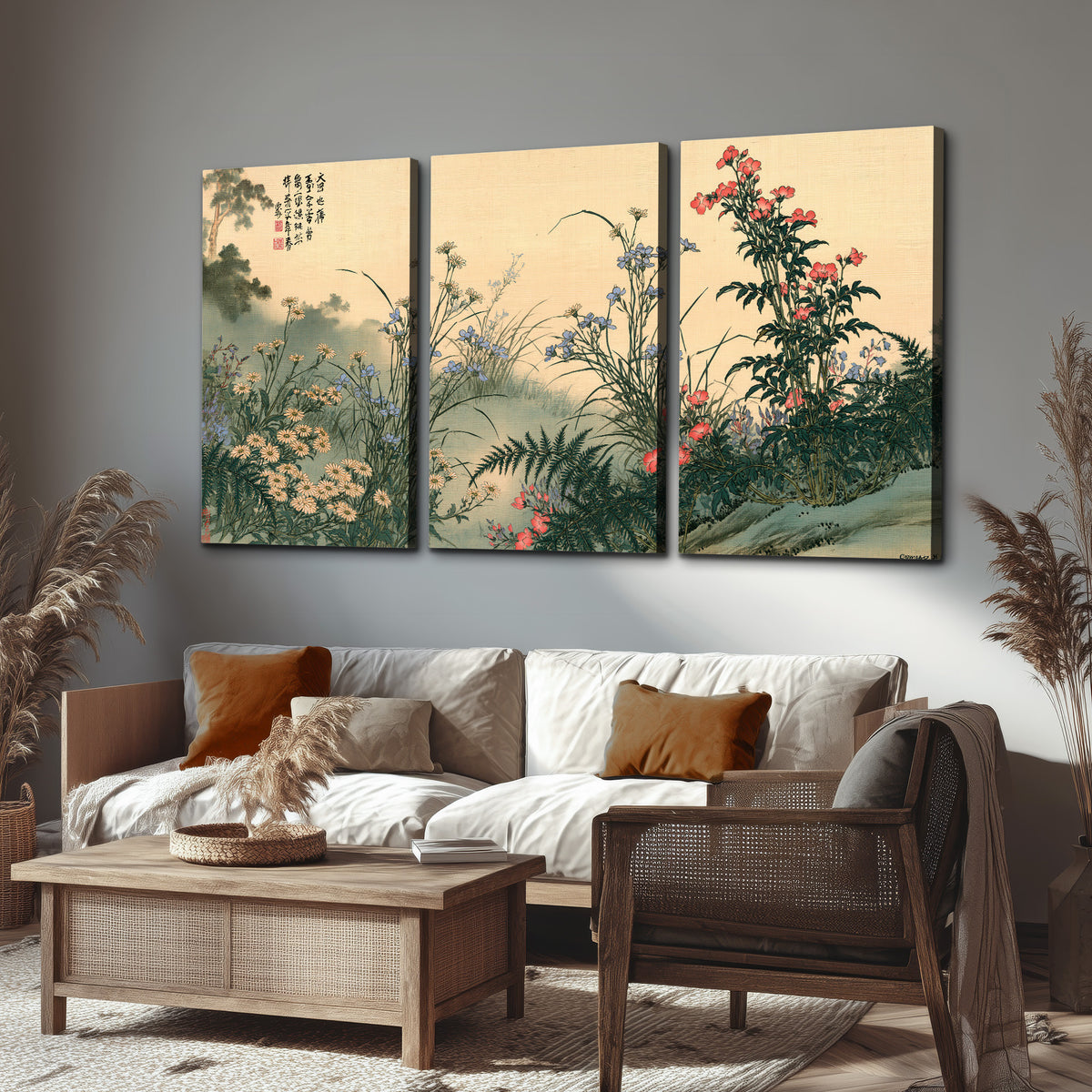 Delicate wildflowers and ferns arranged on a warm neutral ground with decorative script 3 piece canvas wall art displayed in a rustic living room