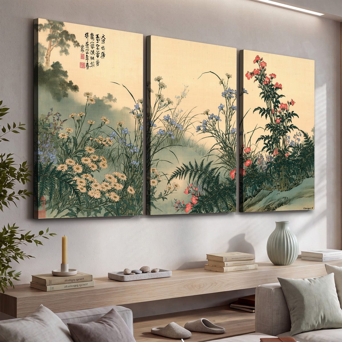 Delicate wildflowers and ferns arranged on a warm neutral ground with decorative script 3 piece canvas wall art displayed in a console