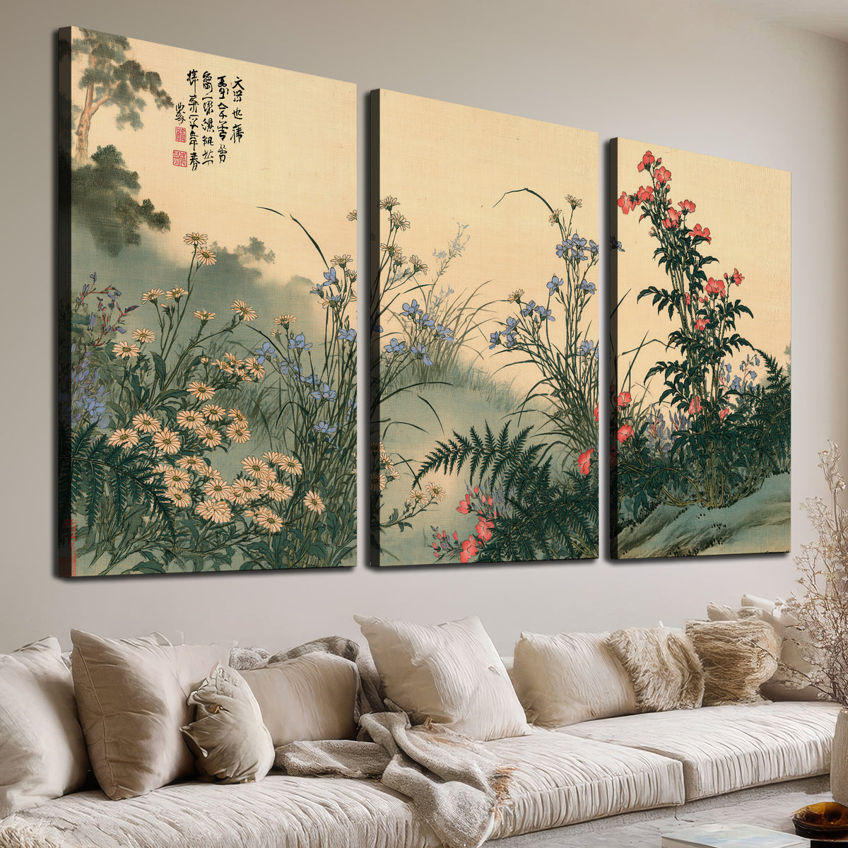 Delicate wildflowers and ferns arranged on a warm neutral ground with decorative script 3 piece canvas wall art room and product view
