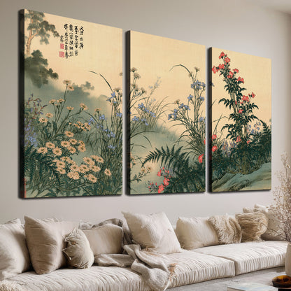 Delicate wildflowers and ferns arranged on a warm neutral ground with decorative script 3 piece canvas wall art room and product view
