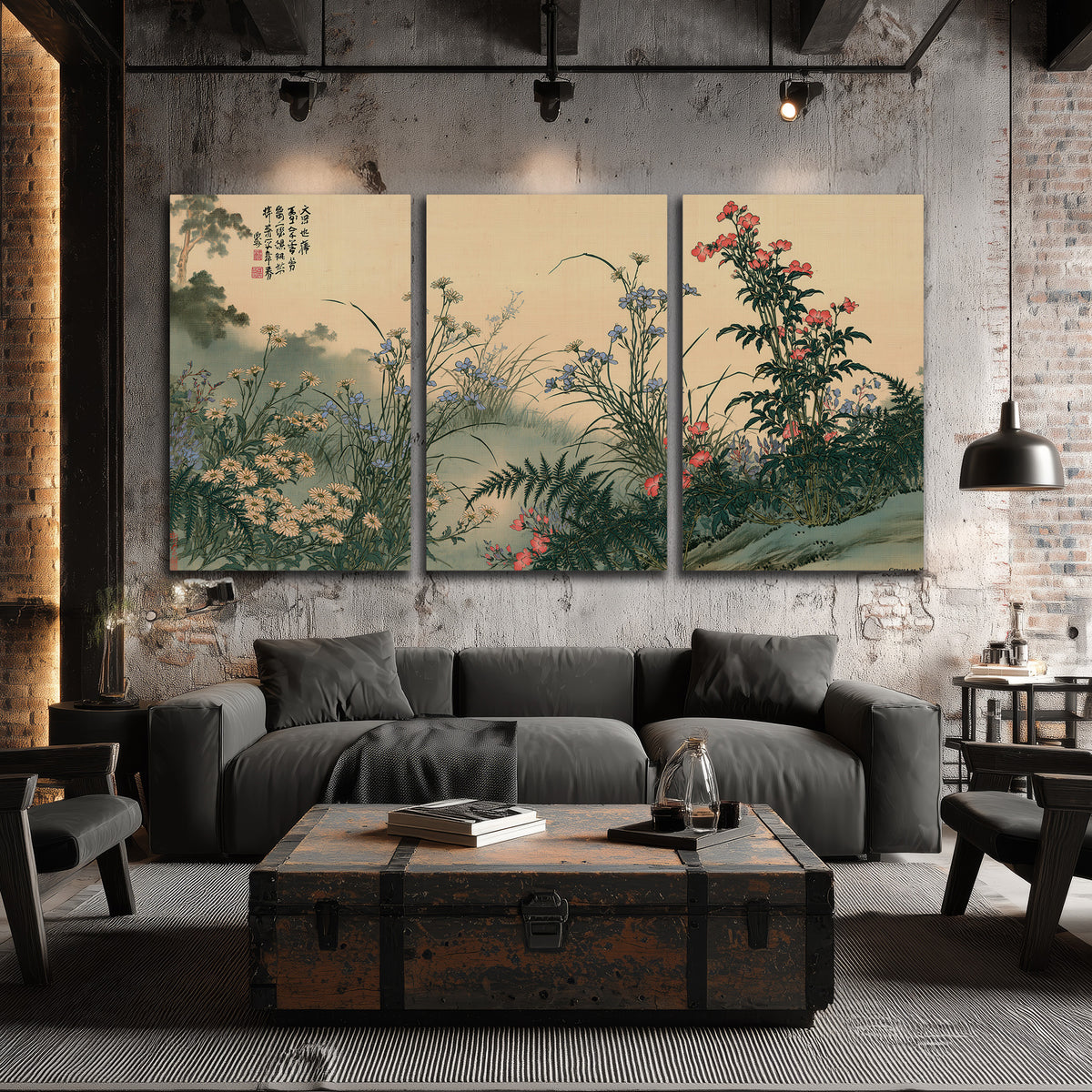 Delicate wildflowers and ferns arranged on a warm neutral ground with decorative script 3 piece canvas wall art displayed in a industrial room