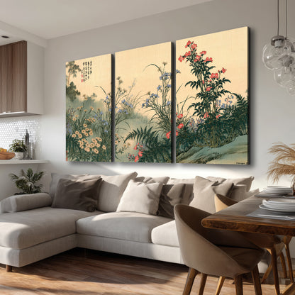 Delicate wildflowers and ferns arranged on a warm neutral ground with decorative script 3 piece canvas wall art room and product view