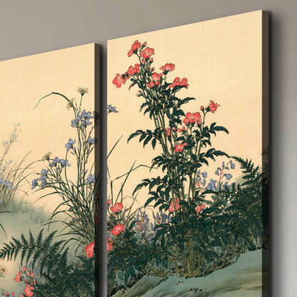 Delicate wildflowers and ferns arranged on a warm neutral ground with decorative script 3 piece canvas wall art room and product view