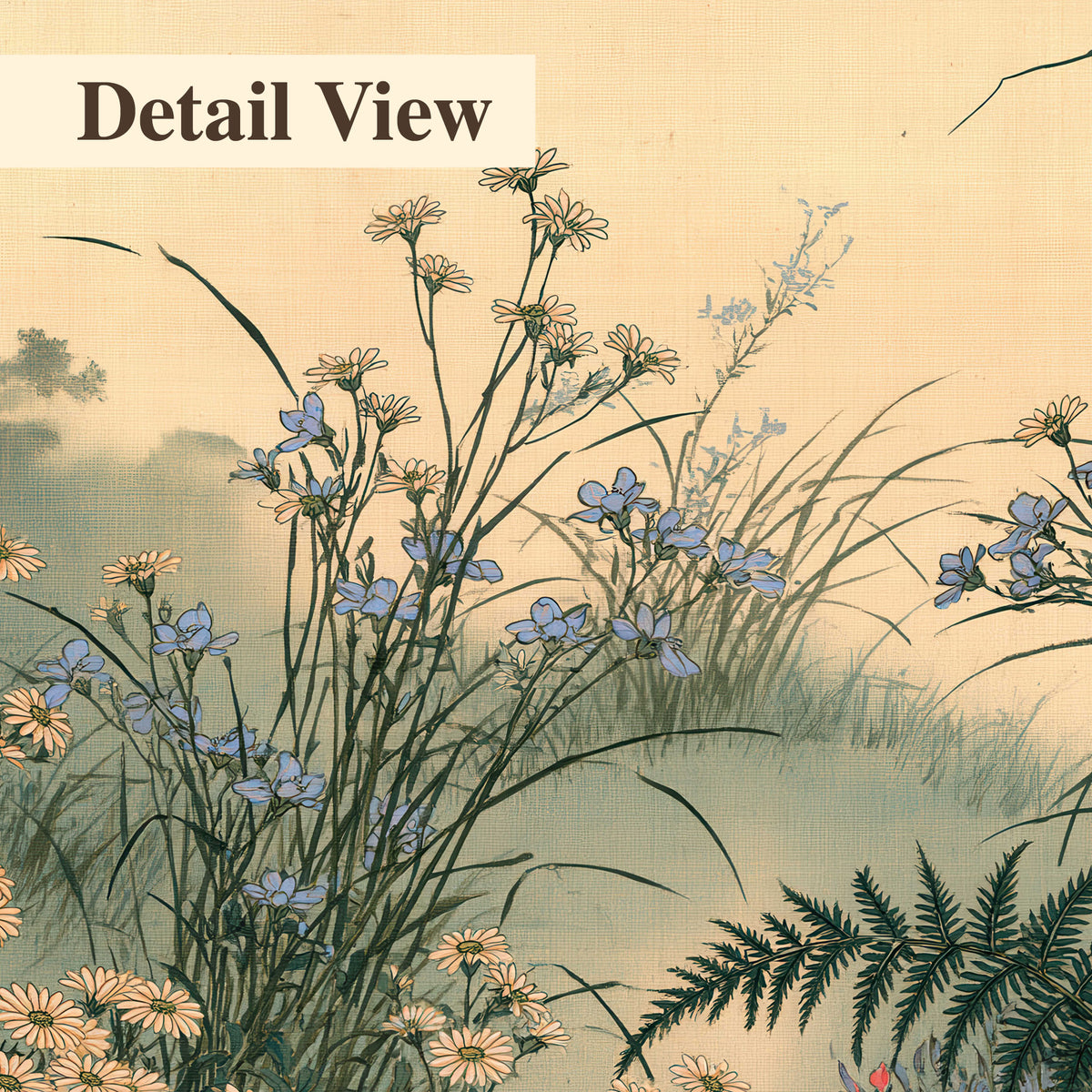 Delicate wildflowers and ferns arranged on a warm neutral ground with decorative script 3 piece canvas wall art artwork detail close up