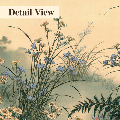 Delicate wildflowers and ferns arranged on a warm neutral ground with decorative script 3 piece canvas wall art artwork detail close up