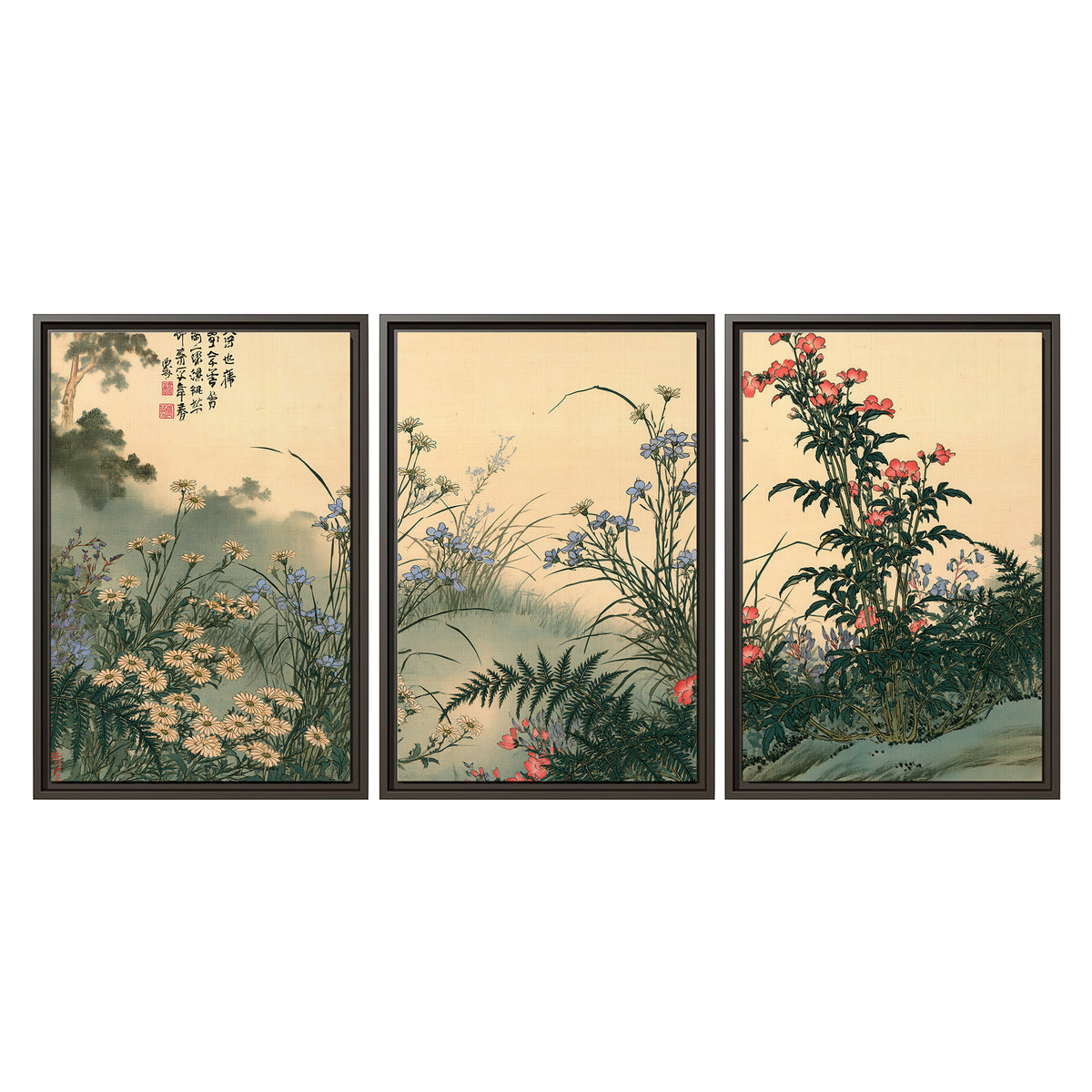 Delicate wildflowers and ferns arranged on a warm neutral ground with decorative script 3 piece framed canvas wall art viewed straight on