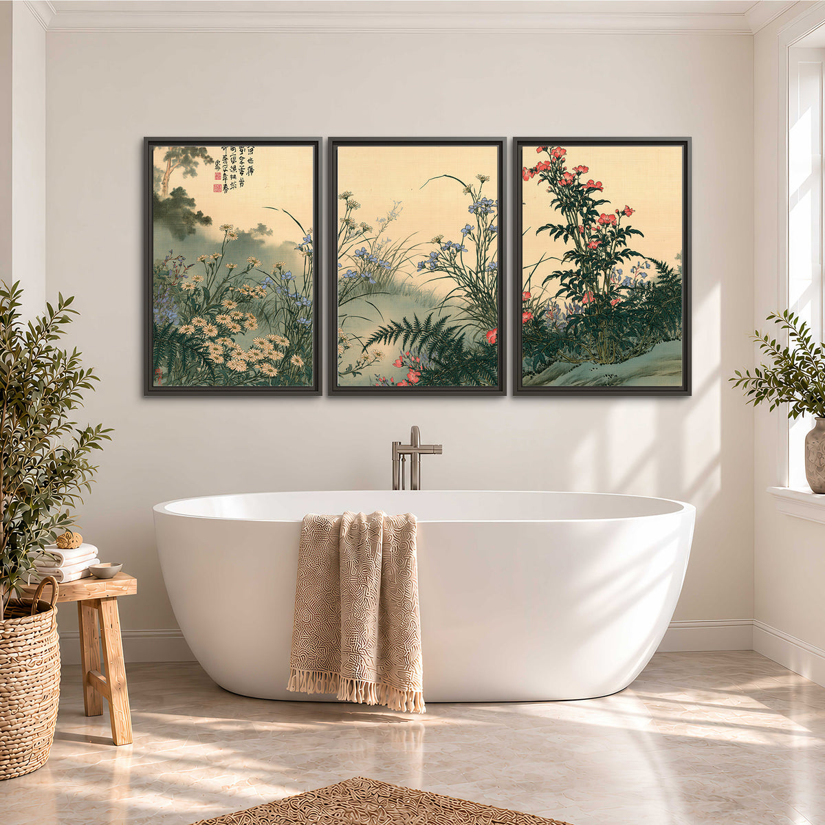 Delicate wildflowers and ferns arranged on a warm neutral ground with decorative script 3 piece framed canvas wall art styled in an interior