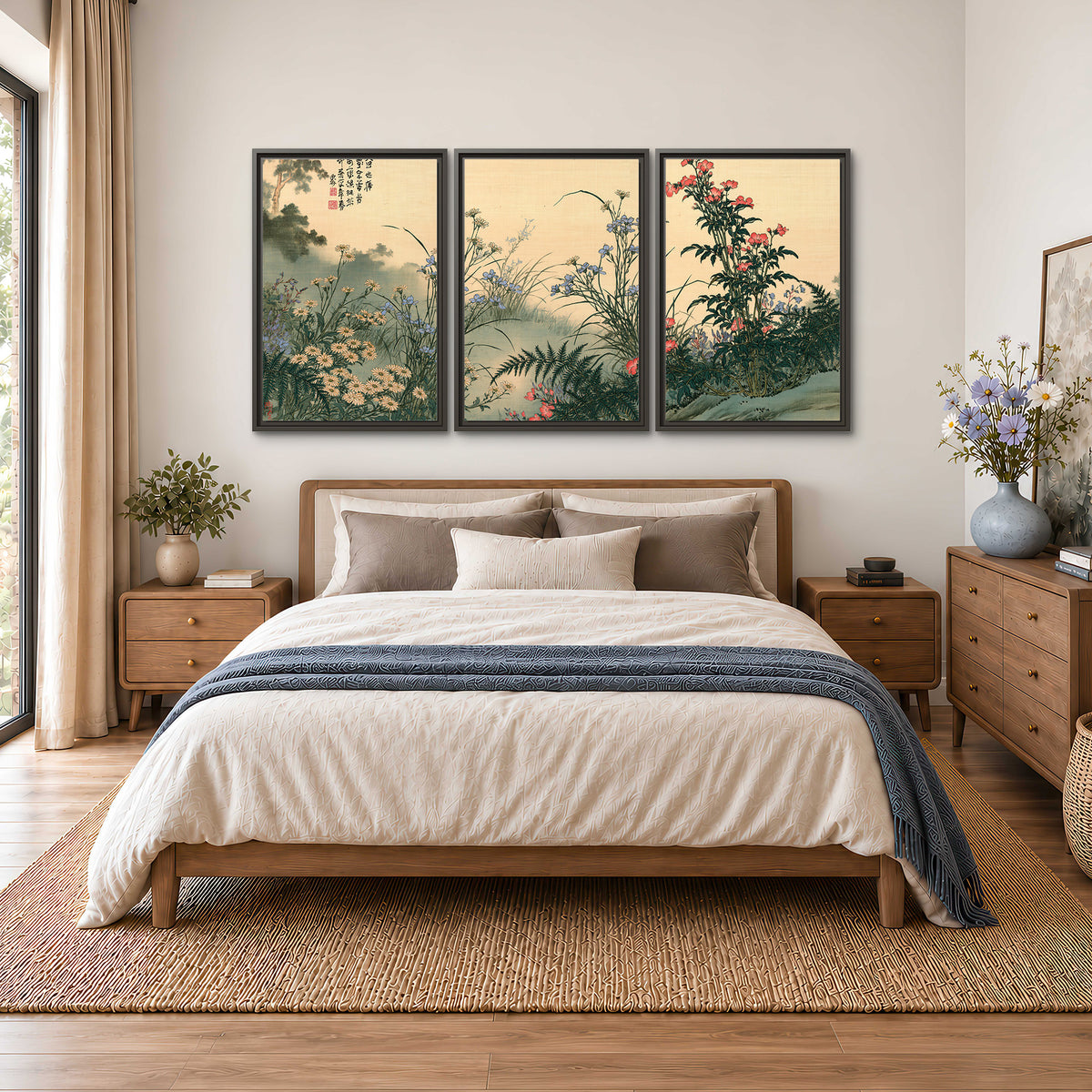 Delicate wildflowers and ferns arranged on a warm neutral ground with decorative script 3 piece framed canvas wall art styled in an interior