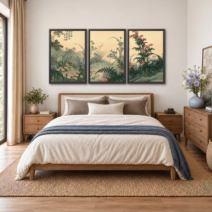 Delicate wildflowers and ferns arranged on a warm neutral ground with decorative script 3 piece framed canvas wall art styled in an interior