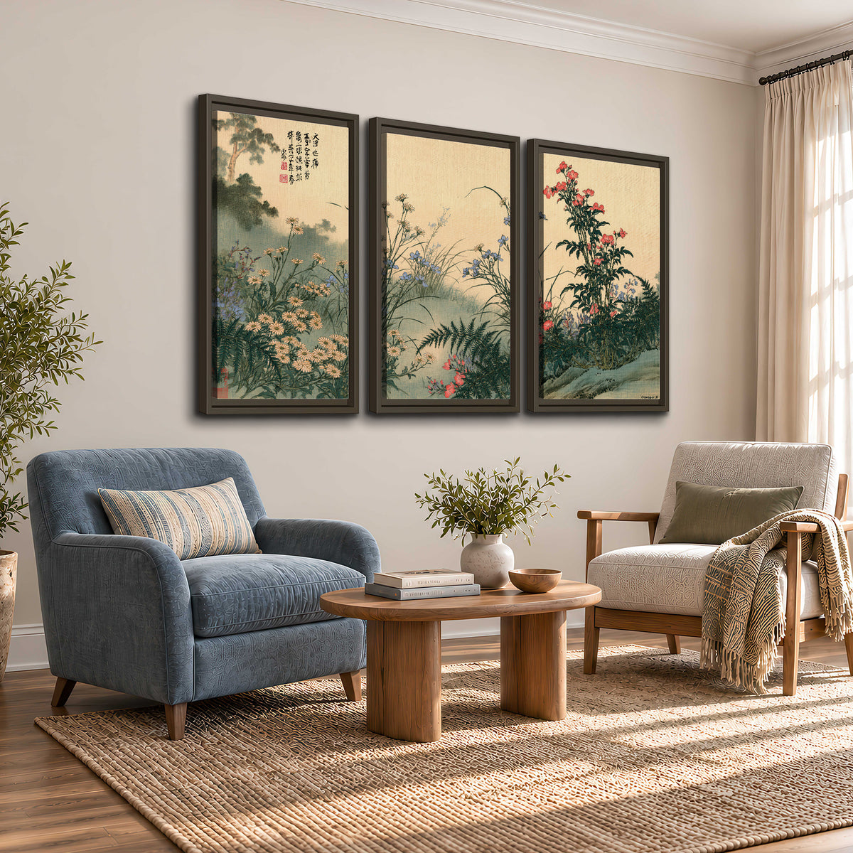 Delicate wildflowers and ferns arranged on a warm neutral ground with decorative script 3 piece framed canvas wall art styled in an interior