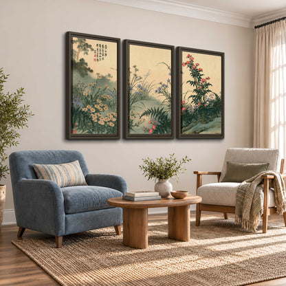 Delicate wildflowers and ferns arranged on a warm neutral ground with decorative script 3 piece framed canvas wall art styled in an interior
