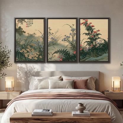 Delicate wildflowers and ferns arranged on a warm neutral ground with decorative script 3 piece framed canvas wall art displayed in a bedroom