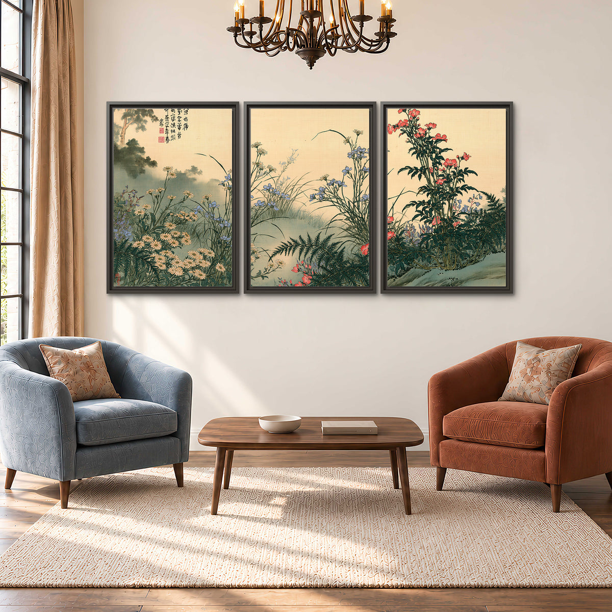 Delicate wildflowers and ferns arranged on a warm neutral ground with decorative script 3 piece framed canvas wall art styled in an interior