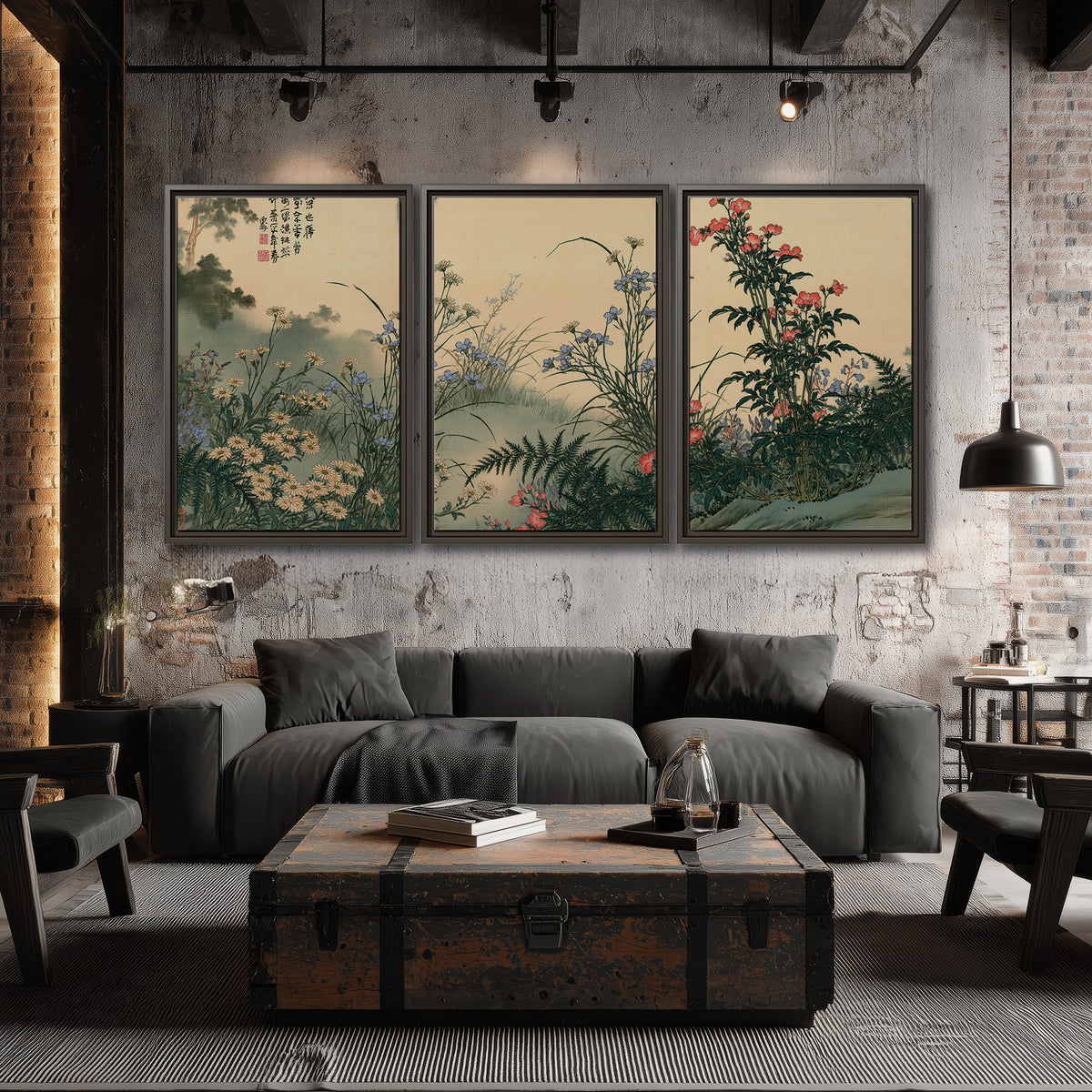 Delicate wildflowers and ferns arranged on a warm neutral ground with decorative script 3 piece framed canvas wall art displayed in a industrial room