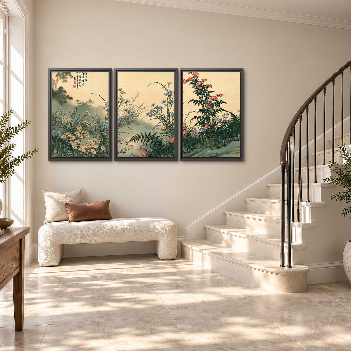 Delicate wildflowers and ferns arranged on a warm neutral ground with decorative script 3 piece framed canvas wall art styled in an interior