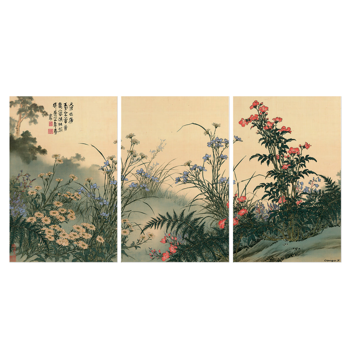 Delicate wildflowers and ferns arranged on a warm neutral ground with decorative script set of 3 poster prints viewed straight on