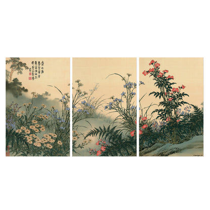 Delicate wildflowers and ferns arranged on a warm neutral ground with decorative script set of 3 poster prints viewed straight on