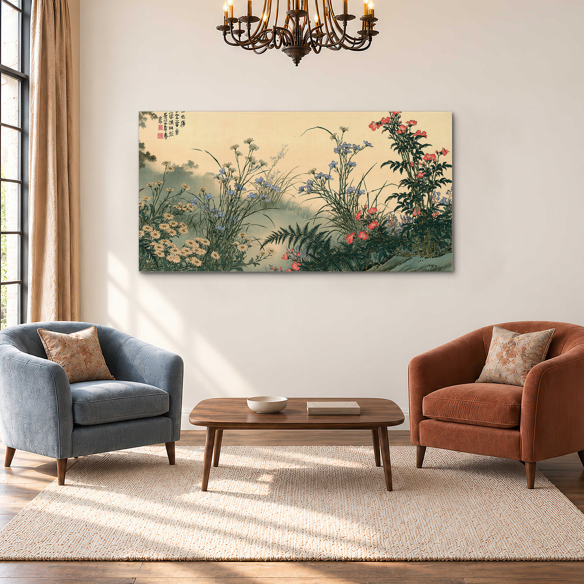 Delicate wildflowers and ferns arranged on a warm neutral ground with decorative script single canvas wall art styled in an interior