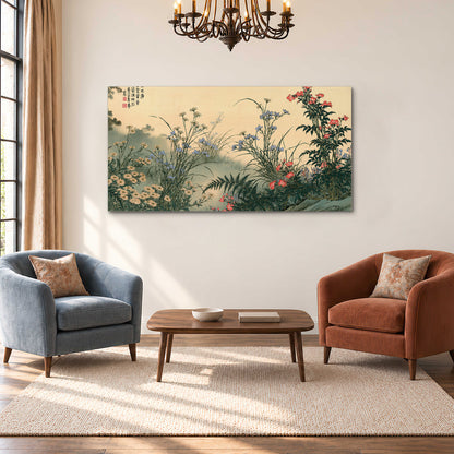 Delicate wildflowers and ferns arranged on a warm neutral ground with decorative script single canvas wall art styled in an interior