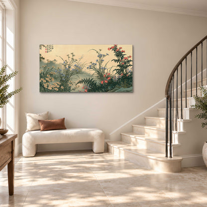 Delicate wildflowers and ferns arranged on a warm neutral ground with decorative script single canvas wall art styled in an interior