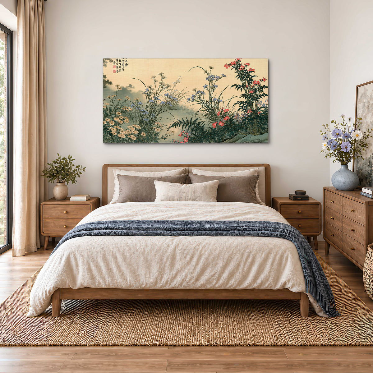 Delicate wildflowers and ferns arranged on a warm neutral ground with decorative script single canvas wall art styled in an interior