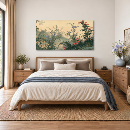 Delicate wildflowers and ferns arranged on a warm neutral ground with decorative script single canvas wall art styled in an interior