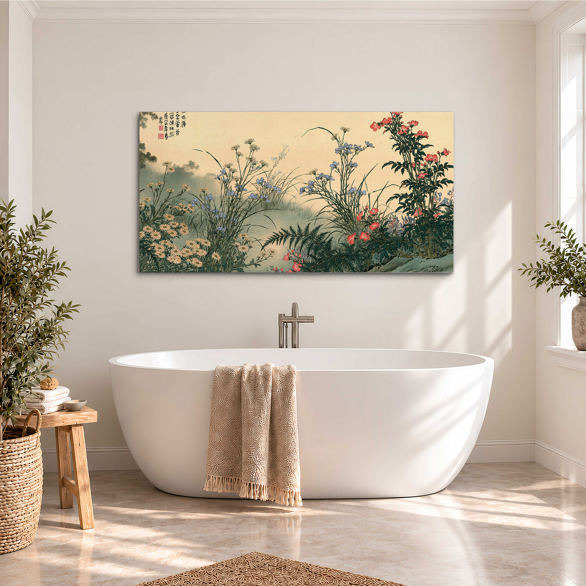 Delicate wildflowers and ferns arranged on a warm neutral ground with decorative script single canvas wall art styled in an interior