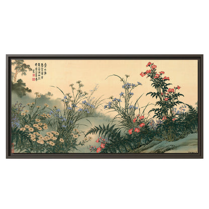 Delicate wildflowers and ferns arranged on a warm neutral ground with decorative script single framed canvas wall art viewed straight on