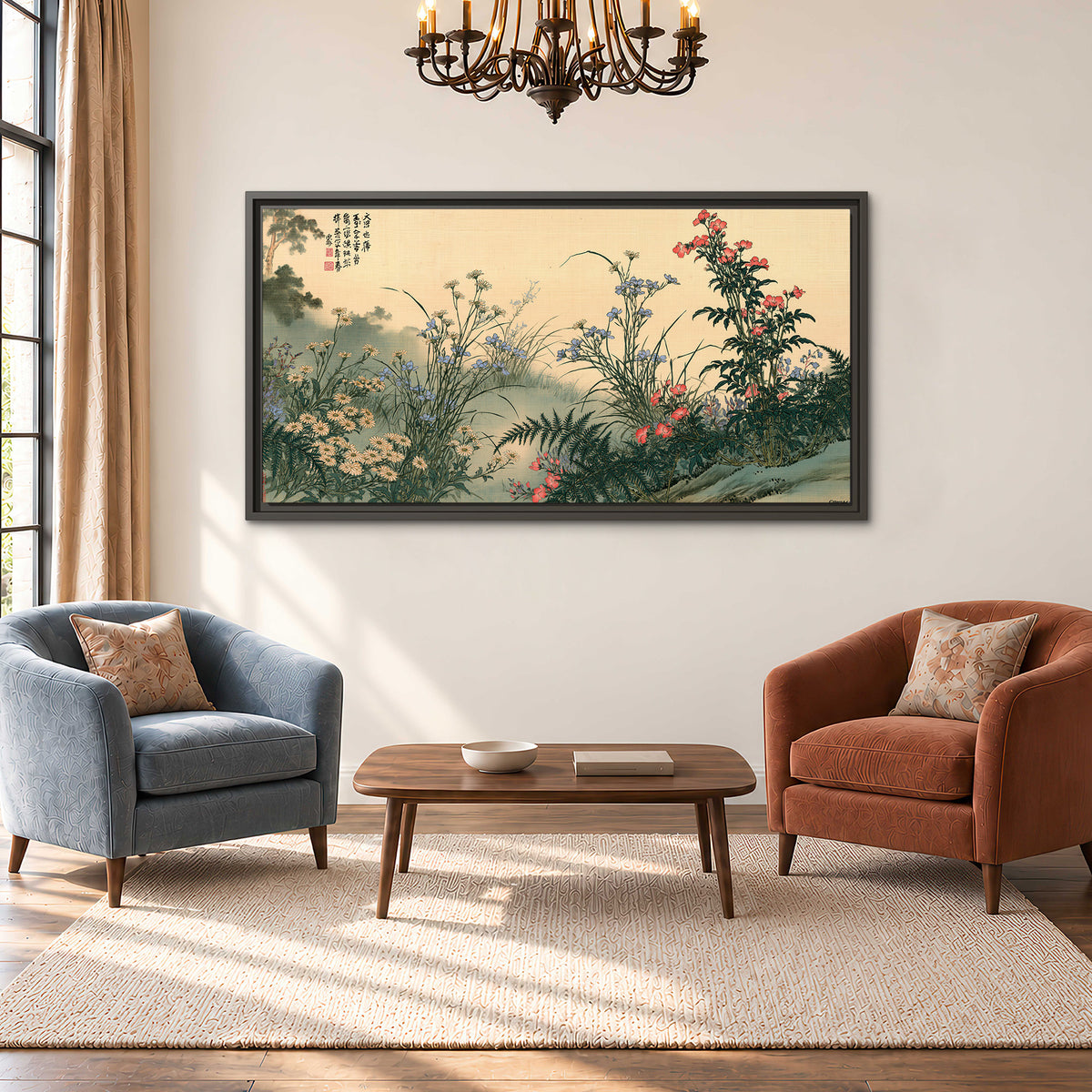 Delicate wildflowers and ferns arranged on a warm neutral ground with decorative script single framed canvas wall art styled in an interior