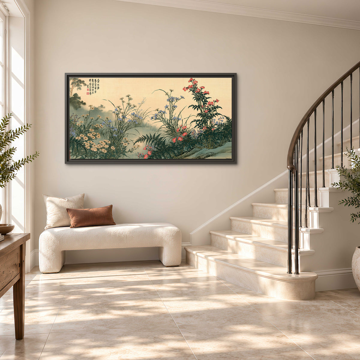 Delicate wildflowers and ferns arranged on a warm neutral ground with decorative script single framed canvas wall art styled in an interior