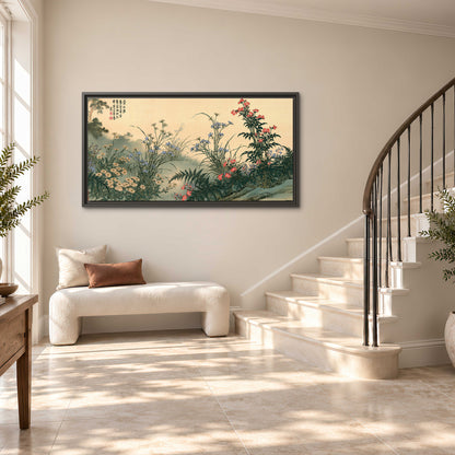 Delicate wildflowers and ferns arranged on a warm neutral ground with decorative script single framed canvas wall art styled in an interior