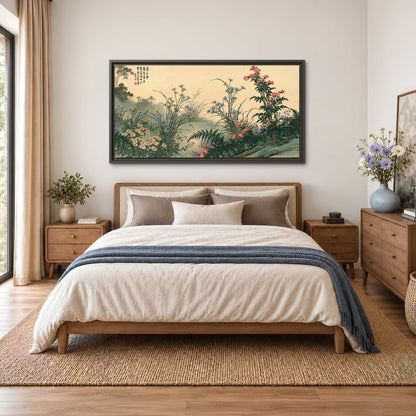 Delicate wildflowers and ferns arranged on a warm neutral ground with decorative script single framed canvas wall art styled in an interior