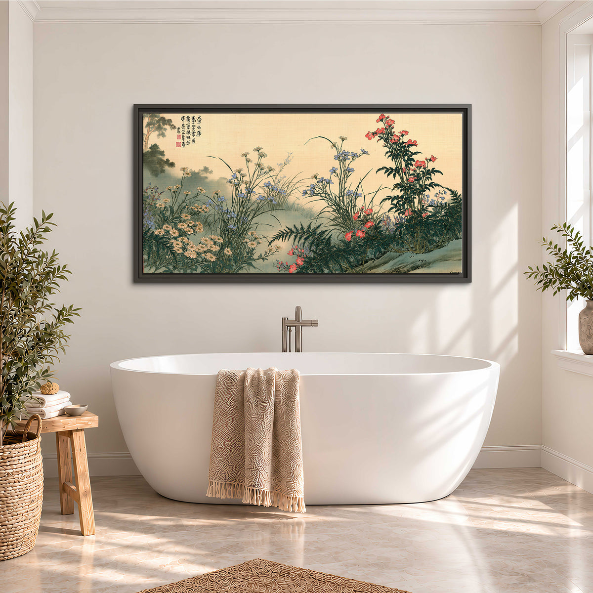 Delicate wildflowers and ferns arranged on a warm neutral ground with decorative script single framed canvas wall art styled in an interior