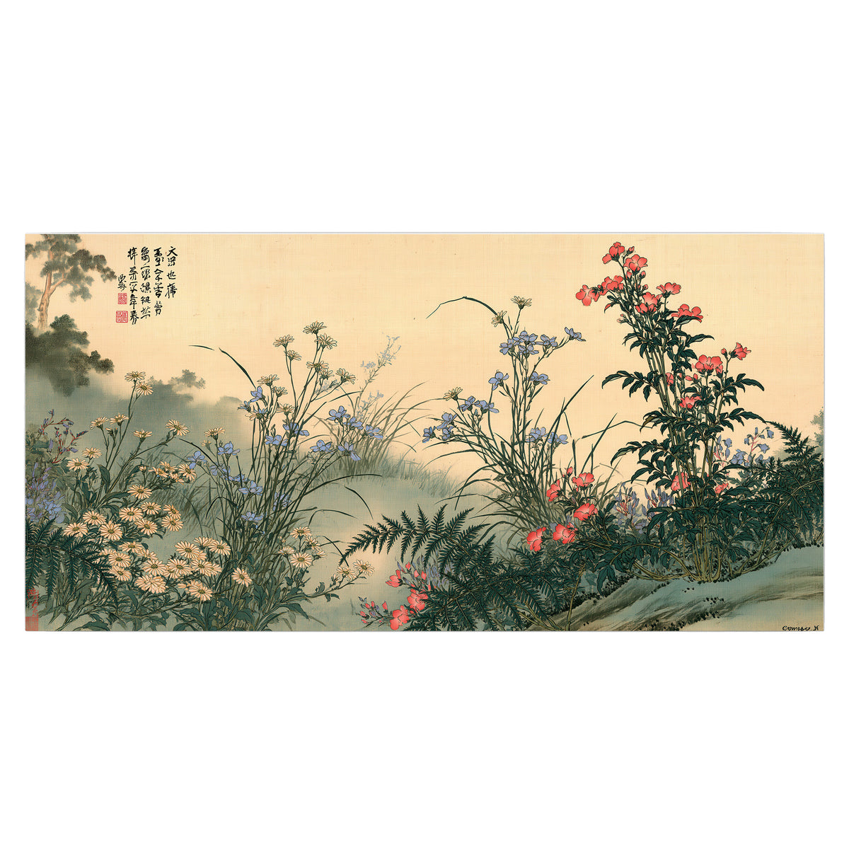 Delicate wildflowers and ferns arranged on a warm neutral ground with decorative script single poster print viewed straight on