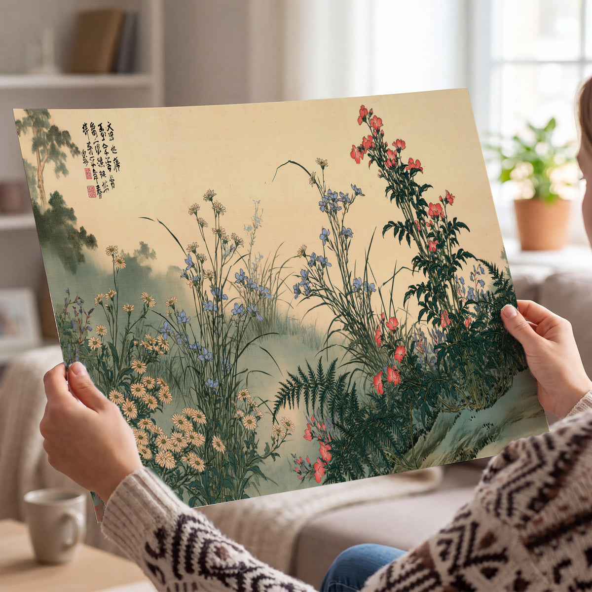 Delicate wildflowers and ferns arranged on a warm neutral ground with decorative script single poster print held in hands
