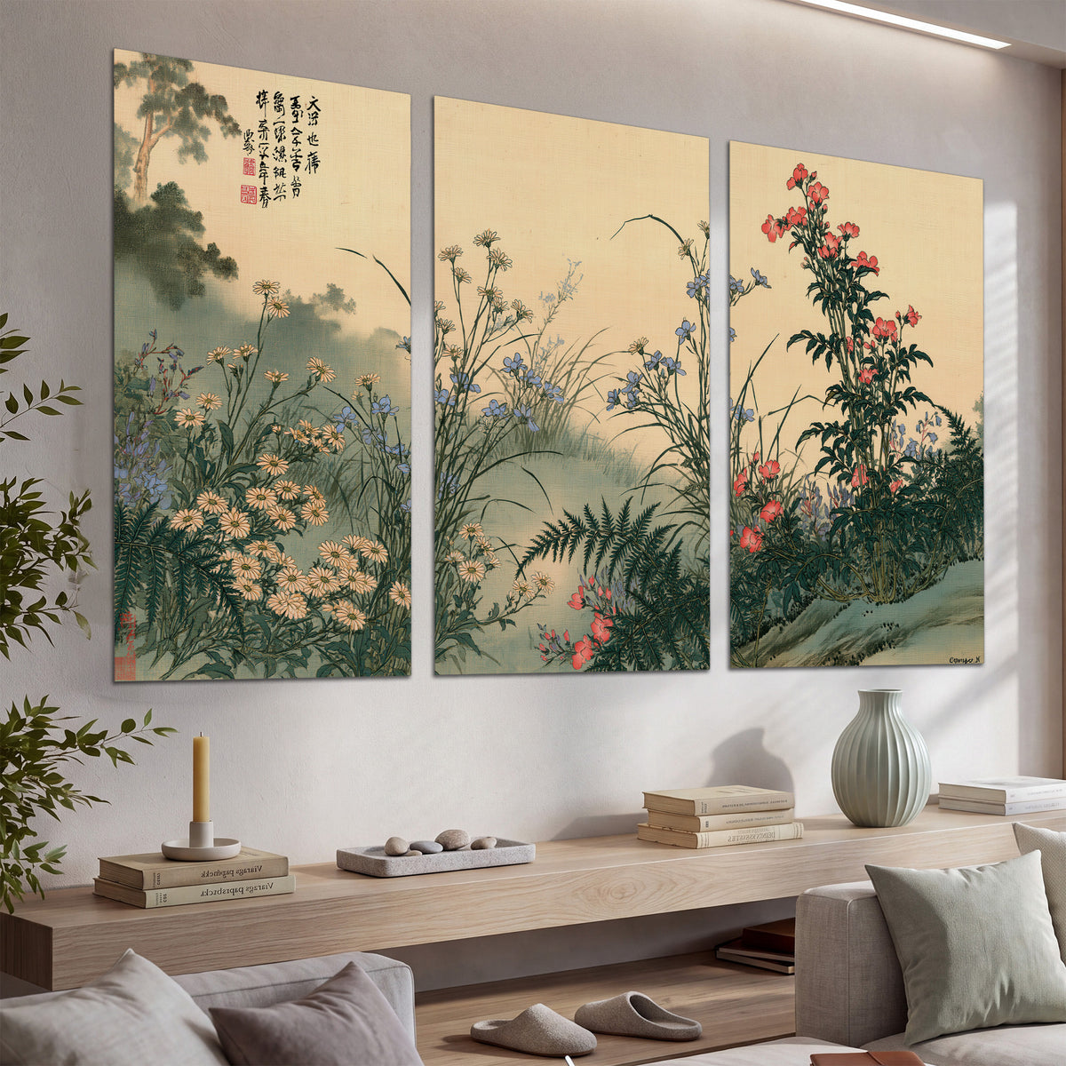 Delicate wildflowers and ferns arranged on a warm neutral ground with decorative script set of 3 poster prints displayed in a console