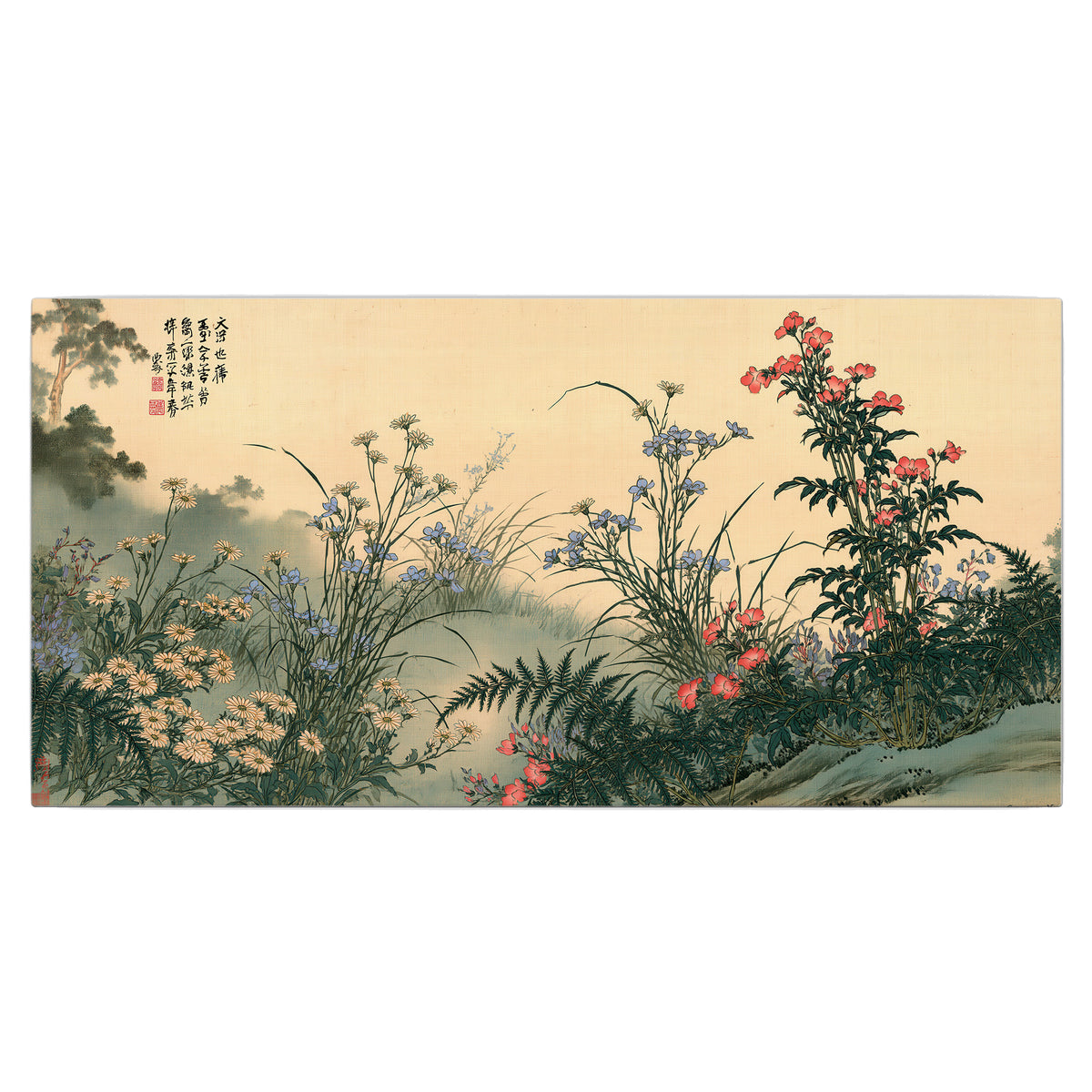 Delicate wildflowers and ferns arranged on a warm neutral ground with decorative script single canvas wall art viewed straight on