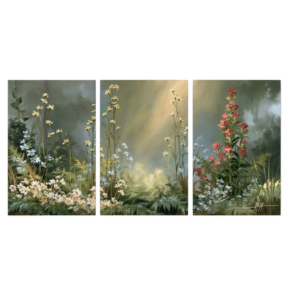 White and red woodland flowers rising in a softly lit green forest clearing 3 piece canvas wall art viewed straight on