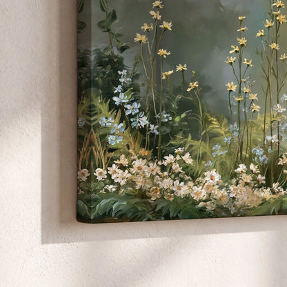 White and red woodland flowers rising in a softly lit green forest clearing 3 piece canvas wall art material and edge close up