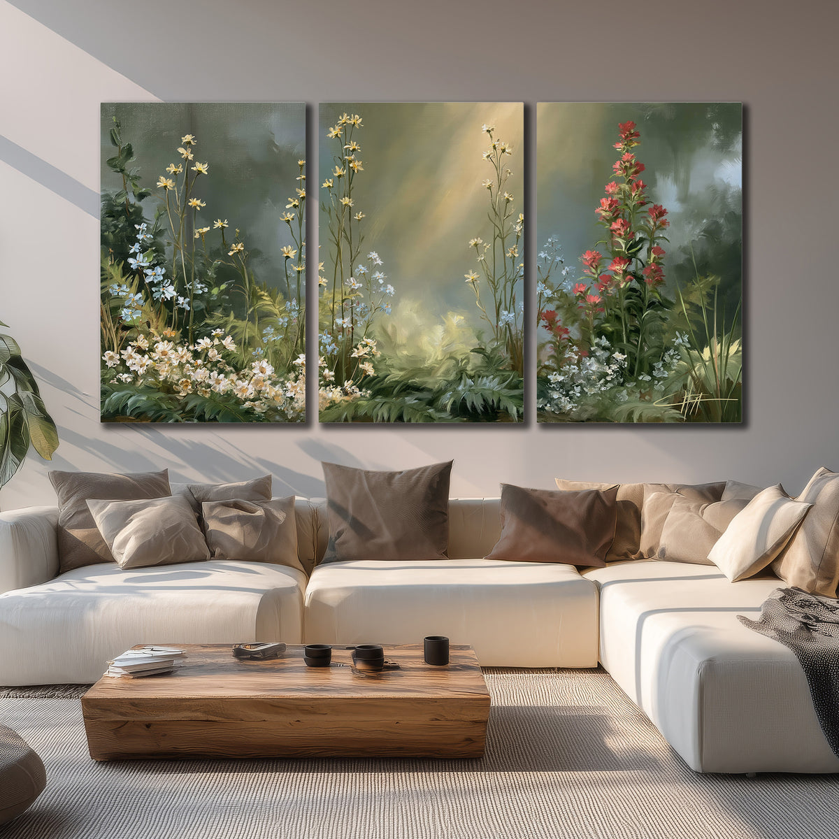 White and red woodland flowers rising in a softly lit green forest clearing 3 piece canvas wall art displayed in a living room