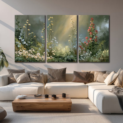 White and red woodland flowers rising in a softly lit green forest clearing 3 piece canvas wall art displayed in a living room