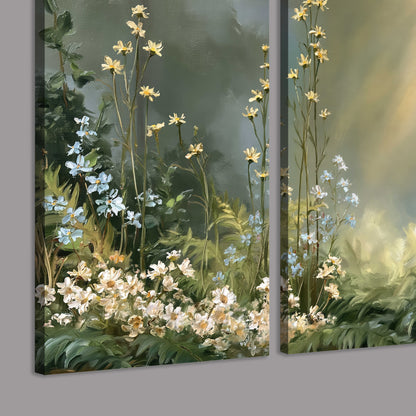White and red woodland flowers rising in a softly lit green forest clearing 3 piece canvas wall art room and product view