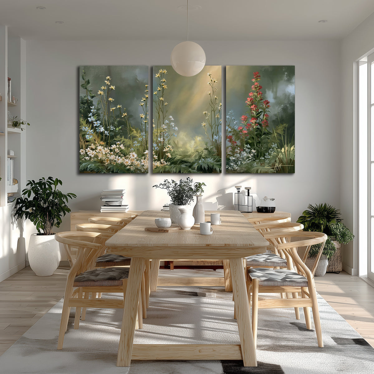White and red woodland flowers rising in a softly lit green forest clearing 3 piece canvas wall art room and product view