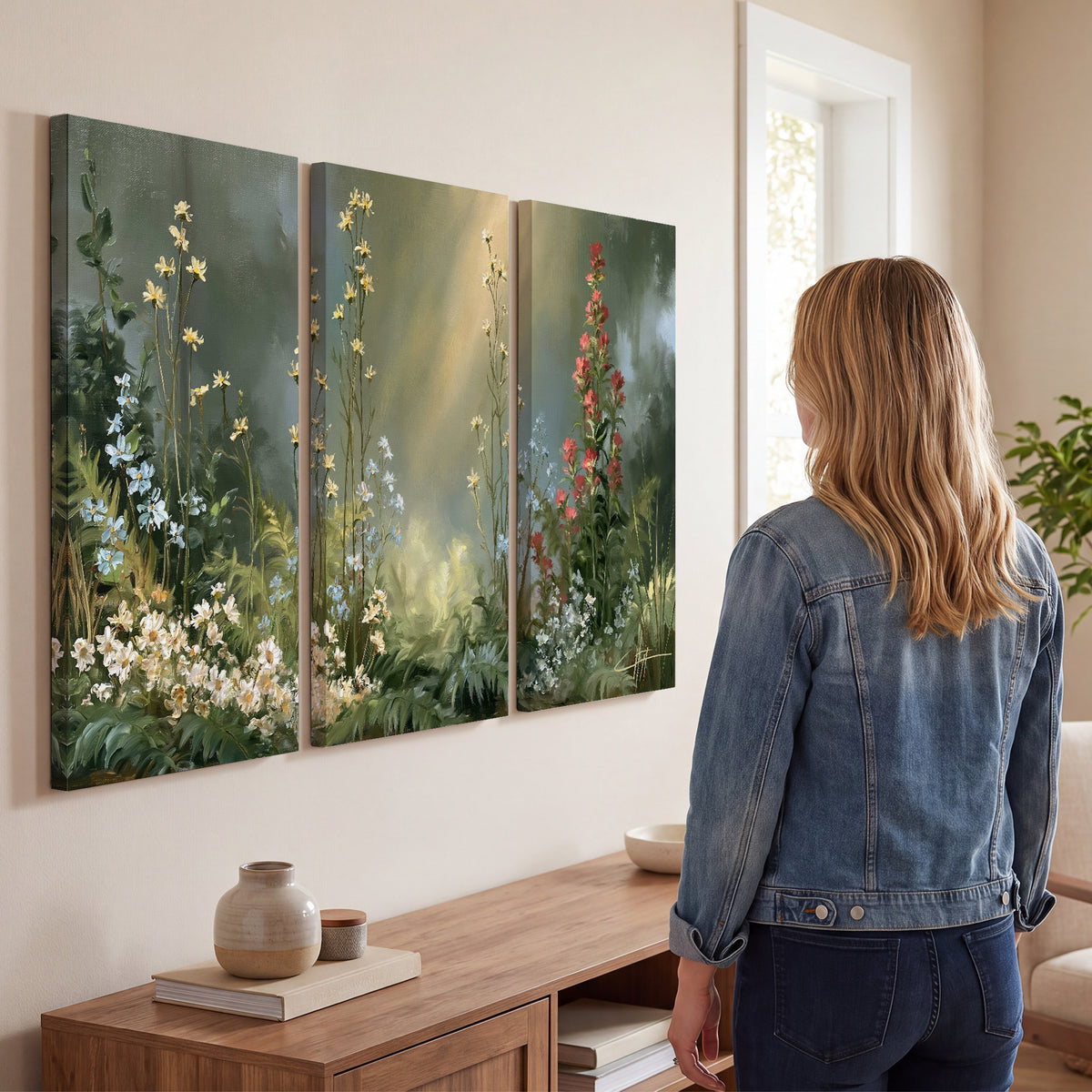 White and red woodland flowers rising in a softly lit green forest clearing 3 piece canvas wall art three panel arrangement on a wall
