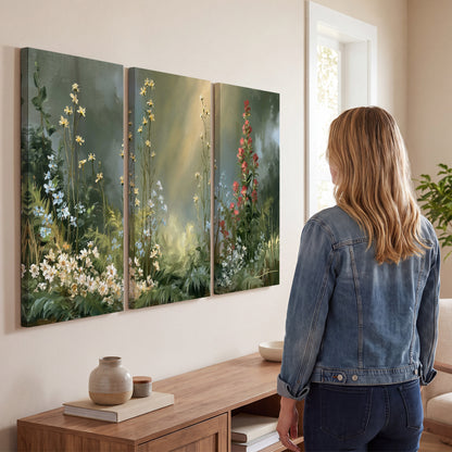 White and red woodland flowers rising in a softly lit green forest clearing 3 piece canvas wall art three panel arrangement on a wall
