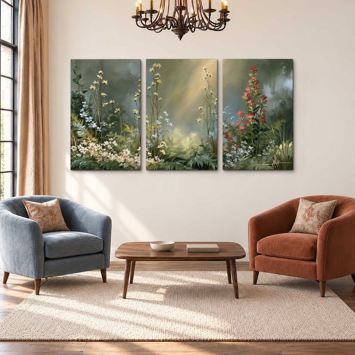 White and red woodland flowers rising in a softly lit green forest clearing 3 piece canvas wall art styled in an interior