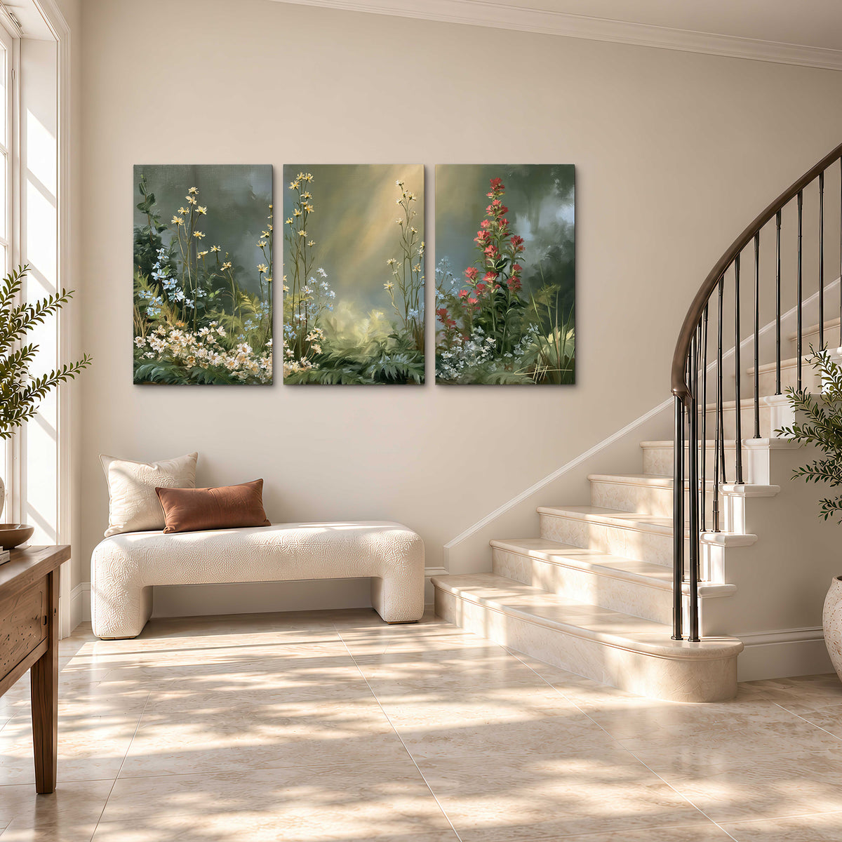 White and red woodland flowers rising in a softly lit green forest clearing 3 piece canvas wall art styled in an interior