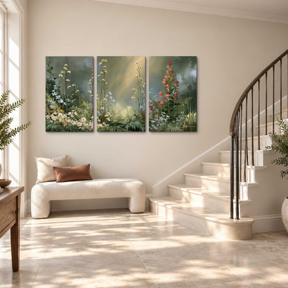 White and red woodland flowers rising in a softly lit green forest clearing 3 piece canvas wall art styled in an interior