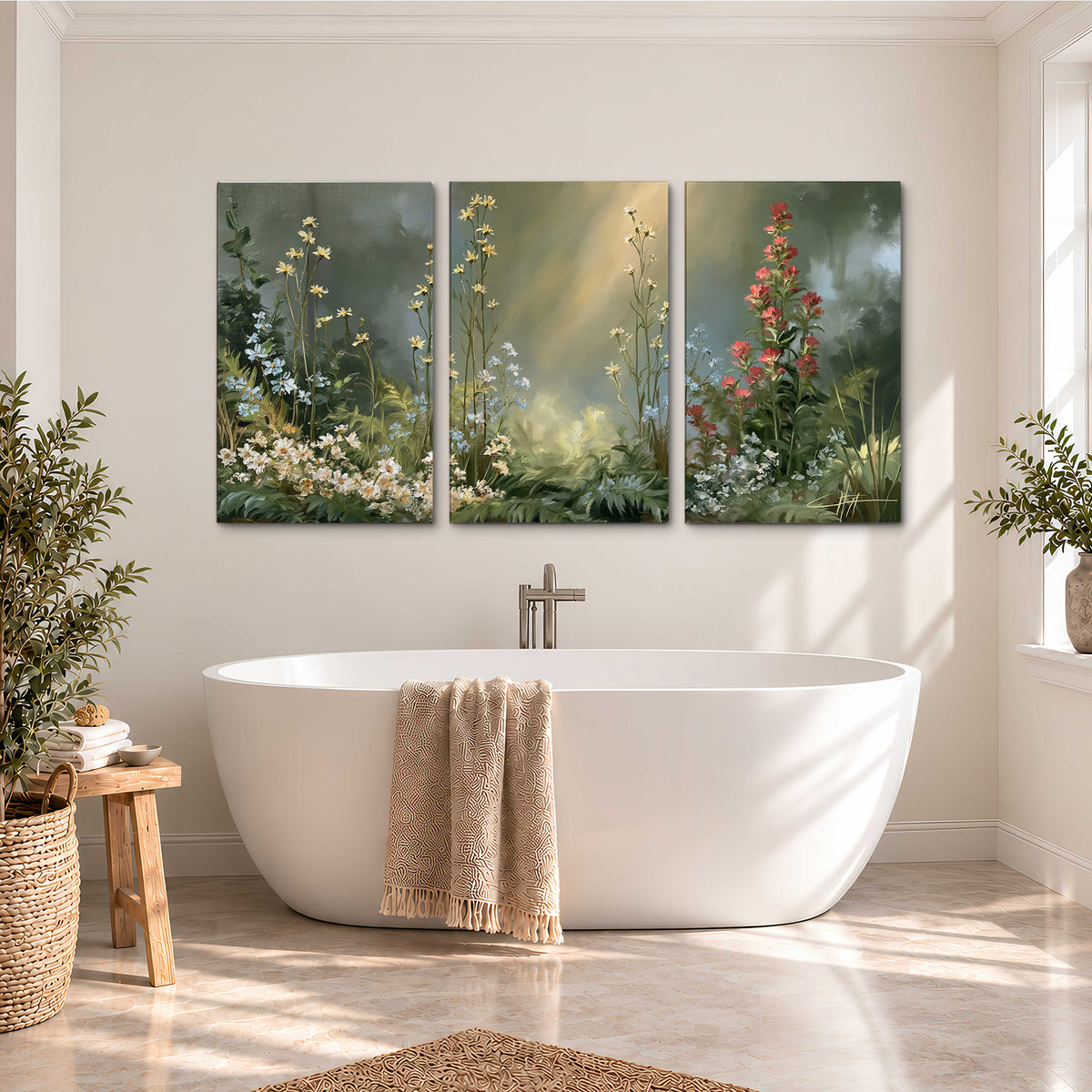White and red woodland flowers rising in a softly lit green forest clearing 3 piece canvas wall art styled in an interior